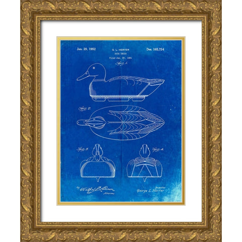 PP1001-Faded Blueprint Propelled Duck Decoy Patent Poster Gold Ornate Wood Framed Art Print with Double Matting by Borders, Cole