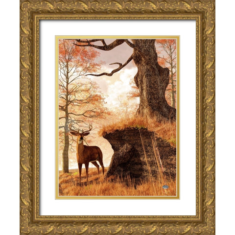 Autumn Buck Gold Ornate Wood Framed Art Print with Double Matting by Eskridge, Daniel