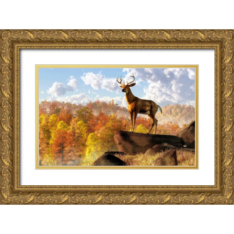 Buck Over Autumn Valley Gold Ornate Wood Framed Art Print with Double Matting by Eskridge, Daniel
