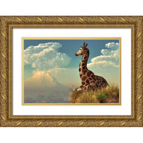 Giraffe And Distant Mountain Gold Ornate Wood Framed Art Print with Double Matting by Eskridge, Daniel