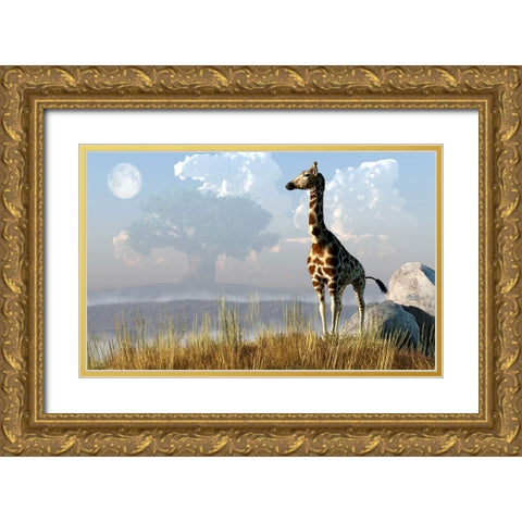 Giraffe And Giant Tree Gold Ornate Wood Framed Art Print with Double Matting by Eskridge, Daniel