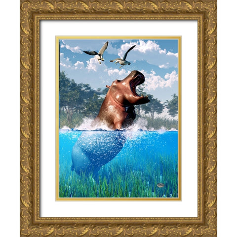 Lunging Hippo Gold Ornate Wood Framed Art Print with Double Matting by Eskridge, Daniel