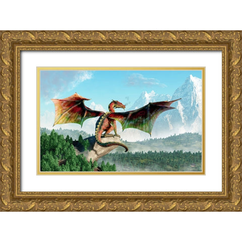 Perched Dragon Gold Ornate Wood Framed Art Print with Double Matting by Eskridge, Daniel