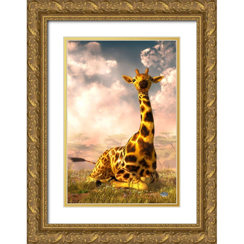 Sitting Giraffe Gold Ornate Wood Framed Art Print with Double Matting by Eskridge, Daniel