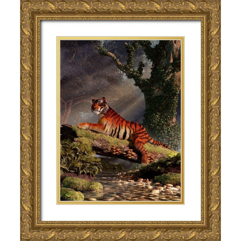 Tiger On A Log Gold Ornate Wood Framed Art Print with Double Matting by Eskridge, Daniel