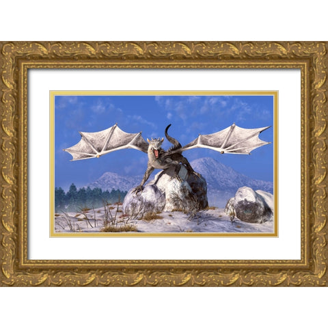 White Dragon Gold Ornate Wood Framed Art Print with Double Matting by Eskridge, Daniel