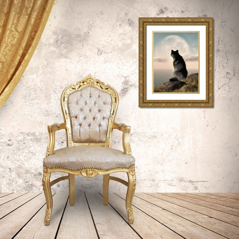 Wolf Watching The Moonrise Gold Ornate Wood Framed Art Print with Double Matting by Eskridge, Daniel