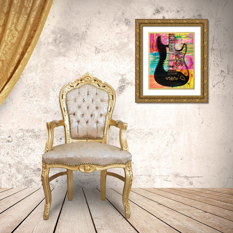 SRV Guitar Gold Ornate Wood Framed Art Print with Double Matting by Dean Russo Collection
