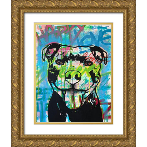 Happy Love Pitbull Gold Ornate Wood Framed Art Print with Double Matting by Dean Russo Collection