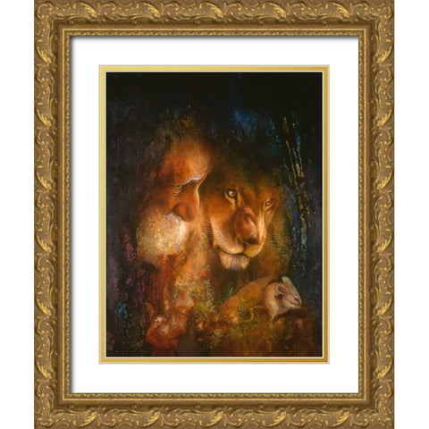 The Lion And The Mouse Gold Ornate Wood Framed Art Print with Double Matting by Lund, Denton