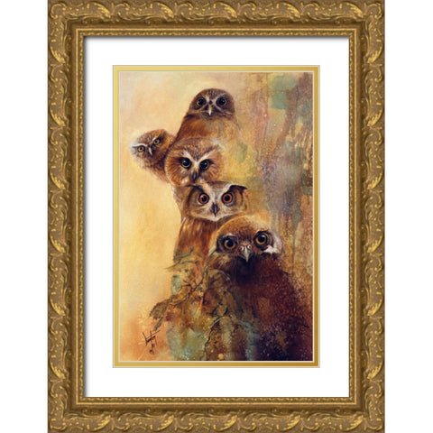 Owl Expressions Gold Ornate Wood Framed Art Print with Double Matting by Lund, Denton