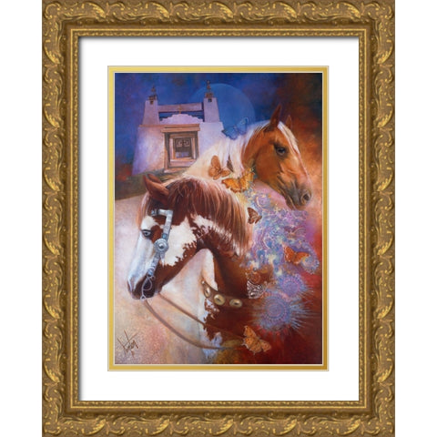 Caballos Y Mariposas (Horses And Butterflies) Gold Ornate Wood Framed Art Print with Double Matting by Lund, Denton