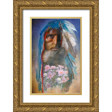 Blue Wolf Gold Ornate Wood Framed Art Print with Double Matting by Lund, Denton