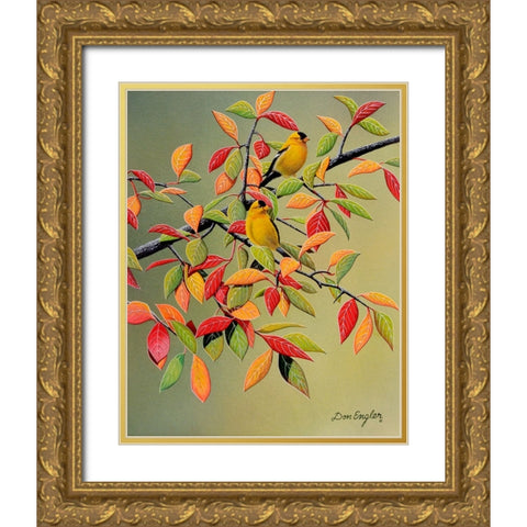 Backyard Goldfinches Gold Ornate Wood Framed Art Print with Double Matting by Engler, Don