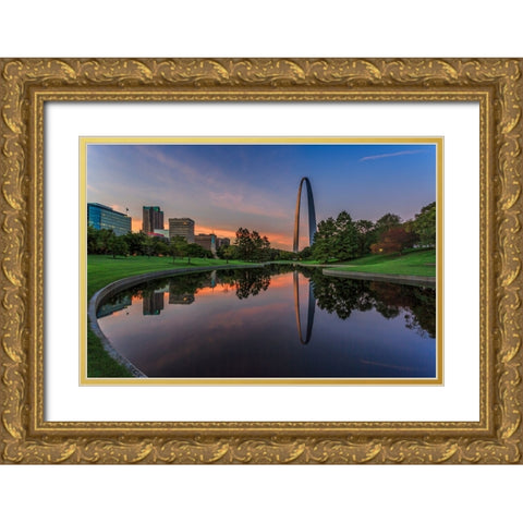 Gateway Arch Reflection Sunset Gold Ornate Wood Framed Art Print with Double Matting by Galloimages Online