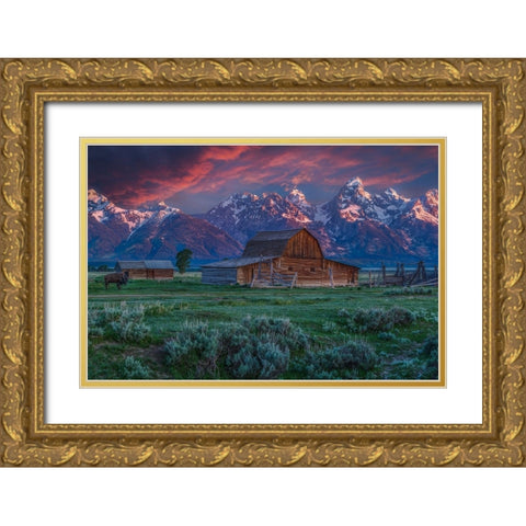 Mormon Row Barn Sunrise Gold Ornate Wood Framed Art Print with Double Matting by Galloimages Online