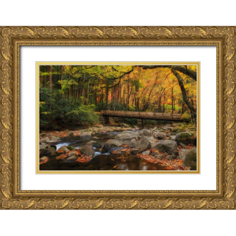 Greenbrier Bridge With Stream Watercolor Gold Ornate Wood Framed Art Print with Double Matting by Galloimages Online