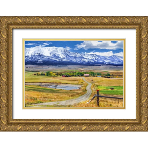 Montana Farm (Watercolor) Gold Ornate Wood Framed Art Print with Double Matting by Galloimages Online