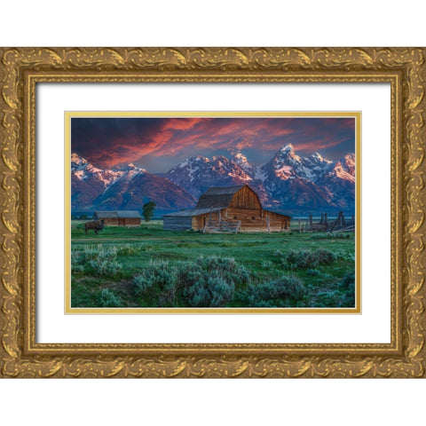 Grand Teton Mormon Barn At Sunrise Gold Ornate Wood Framed Art Print with Double Matting by Galloimages Online