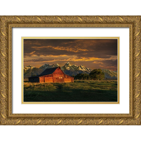 Moulton Barn Sunrise Gold Ornate Wood Framed Art Print with Double Matting by Galloimages Online