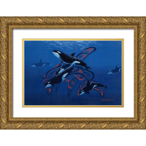 Blue Orcas Gold Ornate Wood Framed Art Print with Double Matting by Stevenson, Graeme