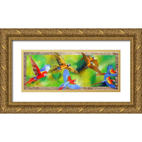 Parrot Party Gold Ornate Wood Framed Art Print with Double Matting by Stevenson, Graeme