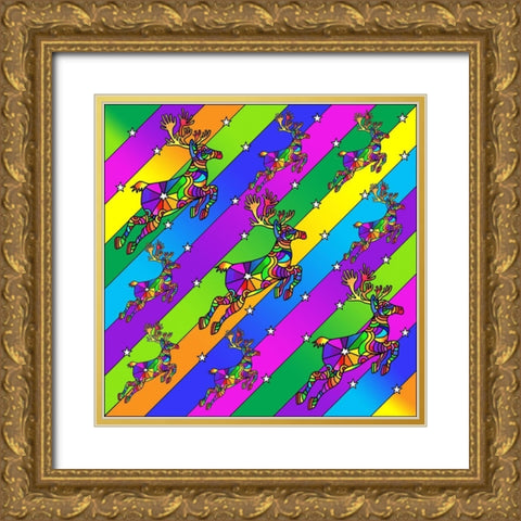Pop Art Reindeer Gold Ornate Wood Framed Art Print with Double Matting by Green, Howie