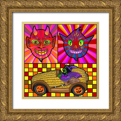 Devil Cat Witch Corn Cob Car Gold Ornate Wood Framed Art Print with Double Matting by Green, Howie