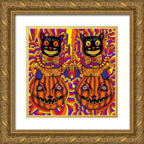 Pumpkins and Cats Gold Ornate Wood Framed Art Print with Double Matting by Green, Howie