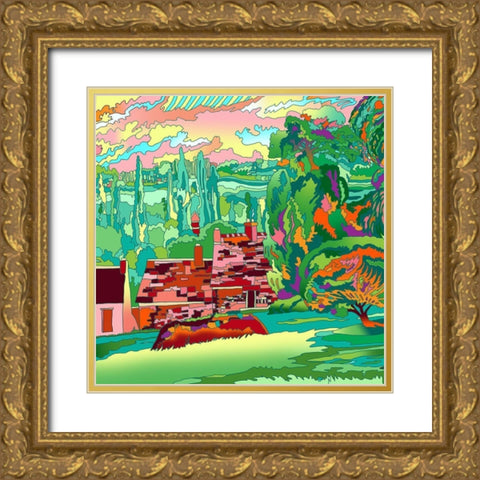 3 Cottages Landscape Gold Ornate Wood Framed Art Print with Double Matting by Green, Howie