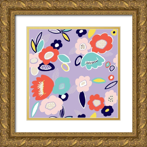 Geo Flowers Gold Ornate Wood Framed Art Print with Double Matting by HUE and MI and Sangita