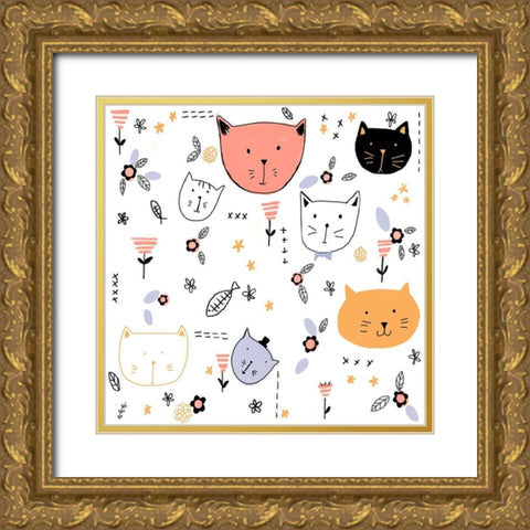 Crazy Cat Gold Ornate Wood Framed Art Print with Double Matting by HUE and MI and Sangita