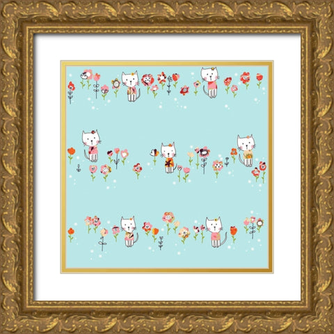 White Cat In Flowers Gold Ornate Wood Framed Art Print with Double Matting by HUE and MI and Sangita