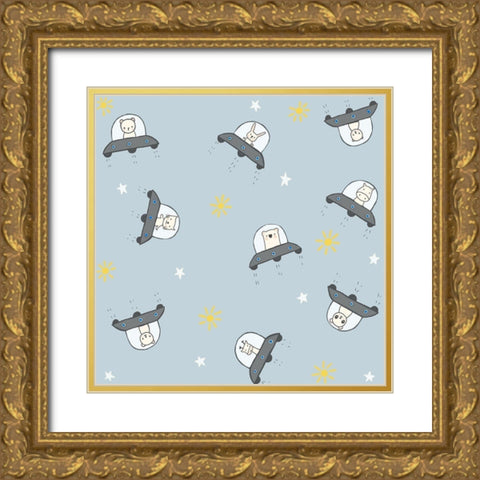 2098 Cute Space Ships Gold Ornate Wood Framed Art Print with Double Matting by HUE and MI and Sangita
