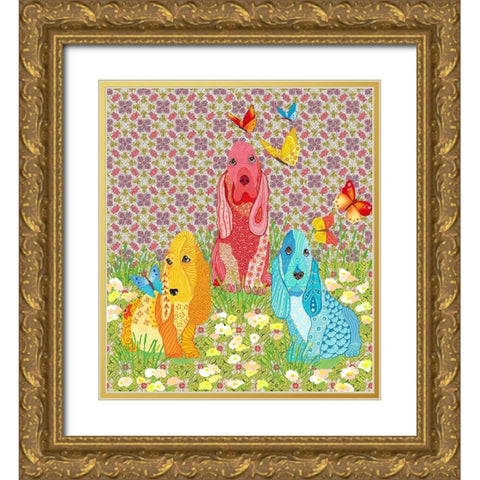 3 DOGS Gold Ornate Wood Framed Art Print with Double Matting by HUE and MI and Sangita