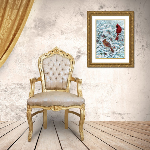 Winter Cardinal Painting Gold Ornate Wood Framed Art Print with Double Matting by Tift, Jeff
