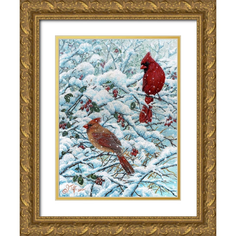 Winter Cardinal Painting Gold Ornate Wood Framed Art Print with Double Matting by Tift, Jeff