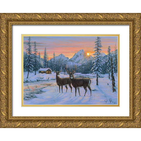 Whitetail And Cabin Gold Ornate Wood Framed Art Print with Double Matting by Tift, Jeff