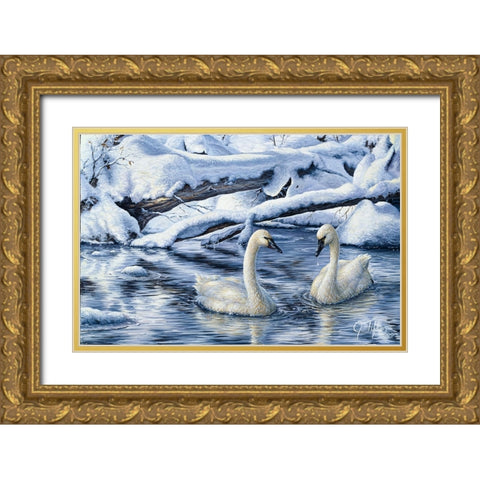 Tundra Swans Gold Ornate Wood Framed Art Print with Double Matting by Tift, Jeff