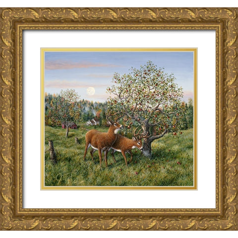 Whitetails Under The Apple Tree Gold Ornate Wood Framed Art Print with Double Matting by Tift, Jeff