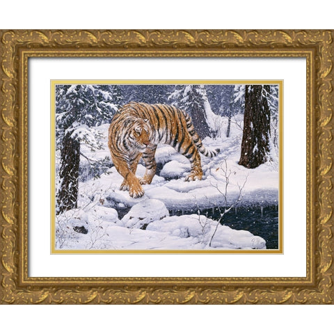 Silent Hunter- Siberian Tiger Gold Ornate Wood Framed Art Print with Double Matting by Tift, Jeff