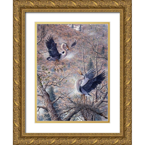 Nesting Time - Great Blue Herons Gold Ornate Wood Framed Art Print with Double Matting by Tift, Jeff
