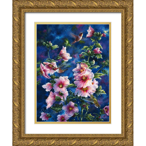 Hollyhocks And Hummingbirds Gold Ornate Wood Framed Art Print with Double Matting by Tift, Jeff