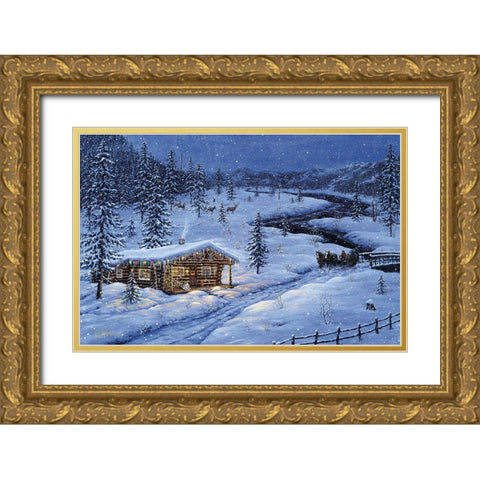 Winter Cabin Gold Ornate Wood Framed Art Print with Double Matting by Tift, Jeff