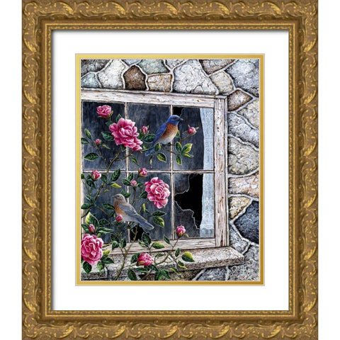Bluebirds In Window Gold Ornate Wood Framed Art Print with Double Matting by Tift, Jeff