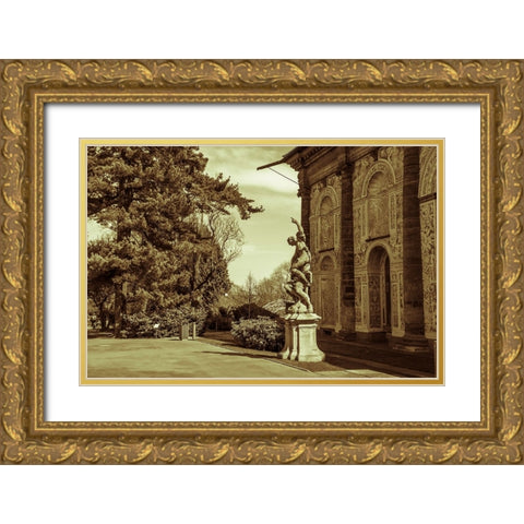 Ball Game Hall And Sculpture Night in Prague Gold Ornate Wood Framed Art Print with Double Matting by Jenny Rainbow Fine Art