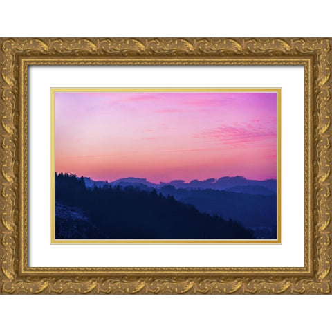 Pink Sky over Ridge of Blue Mountains Gold Ornate Wood Framed Art Print with Double Matting by Jenny Rainbow Fine Art