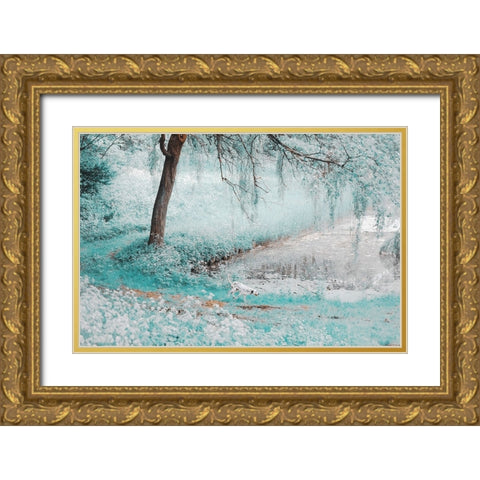Pond Under the Shadow Willow Gold Ornate Wood Framed Art Print with Double Matting by Jenny Rainbow Fine Art