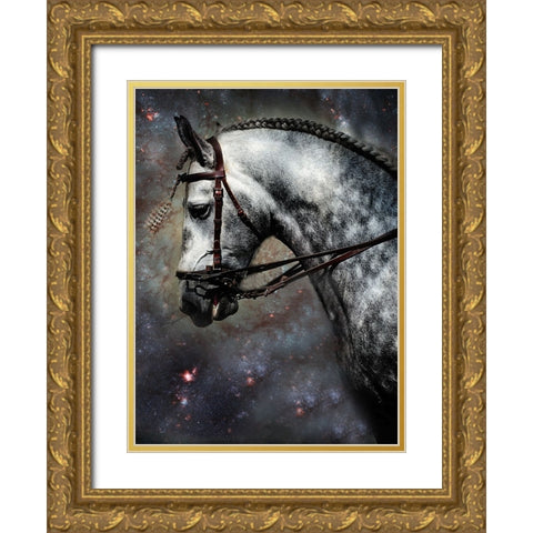 The Horse Among the Stars Gold Ornate Wood Framed Art Print with Double Matting by Jenny Rainbow Fine Art