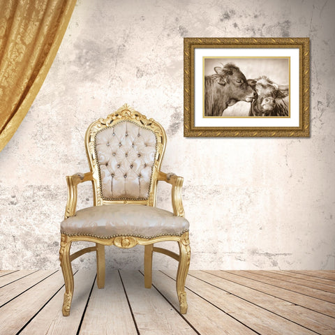 Calf Kiss Sepia Gold Ornate Wood Framed Art Print with Double Matting by Schell, Jennie Marie